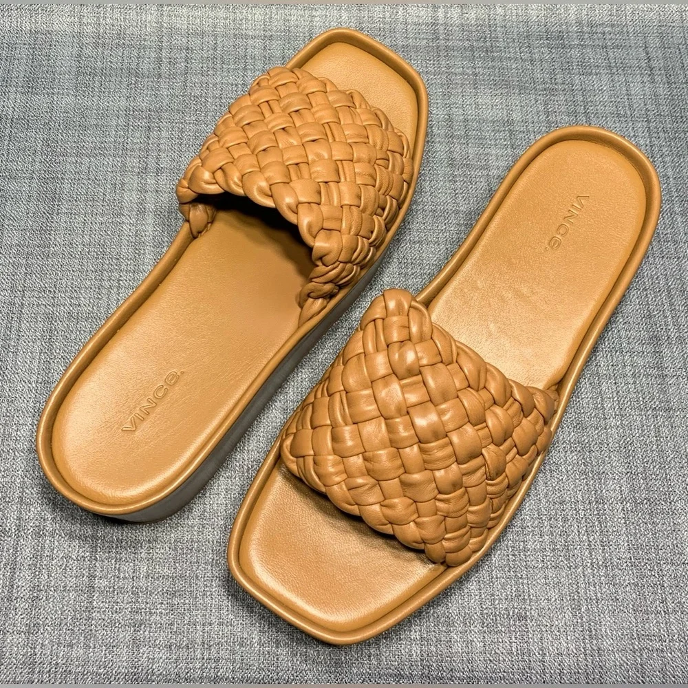 Vince Mari Slip On Platform Wedge Sandals Tan Leather Size 11 - Picture 2 of 8